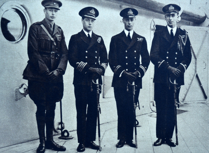 Prince Albert, Prince Henry, Lord Louis Mountbatten bidding the Prince of Wales farewell, 1927