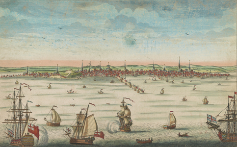 A south east view of the great town of Boston in New England in America, 1730-60 (etching)