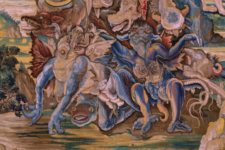 Flemish tapestry. Series The Apocalypsee. Saint Michael defeating the dragon. Atelier Willem Dermoyen, Brussels. Ca 1553-1555. Detail.