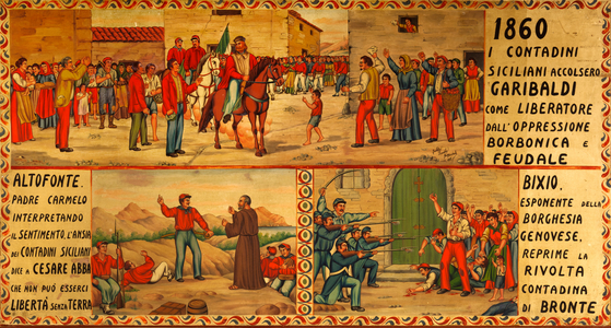 Contemporary art: Garibaldi, Altofonte and the revolt of the peasants of Bronte - Panel for Sicilian cart painted with linseed oil - Headquartier of Confederazione Generale Italiana del Lavoro - CGIL, Palermo, Italy