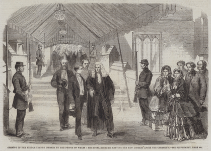 Opening of the Middle Temple Library by the Prince of Wales, His Royal Highness leaving the New Library after the Ceremony (engraving)