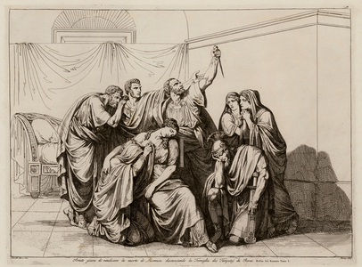 Brutus vowing to avenge the death of Lucretia by banishing the Tarquins from Rome (etching)