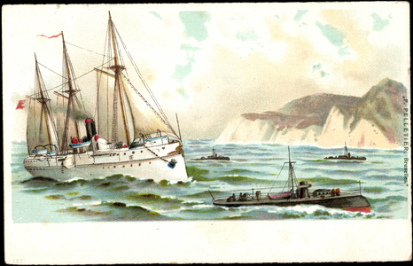 Sailing ship accompanied by three submarines