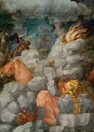 Giants trying to storm Olympos are crushed by falling rocks (fresco)