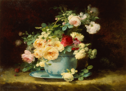 Roses in a Blue and White Porcelain bowl (oil on canvas)
