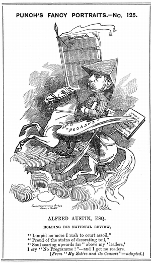 Alfred Austin (1835-1913) British poet laureate from 1896. Cartoon by Edward Linley Sambourne (1844-1910) in the Fancy Portraits series in Punch, London, 3 March 1883, when Austin became editor of National Review. Engraving.