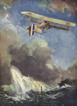 A seaplane bombing a submarine (colour litho)
