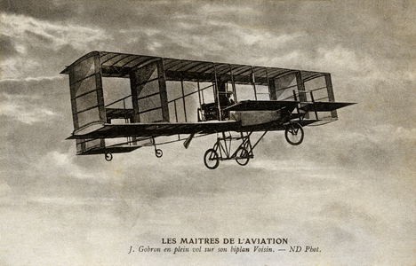 Jean Gobron on his Voisin cell biplane, 1909 (postcard)