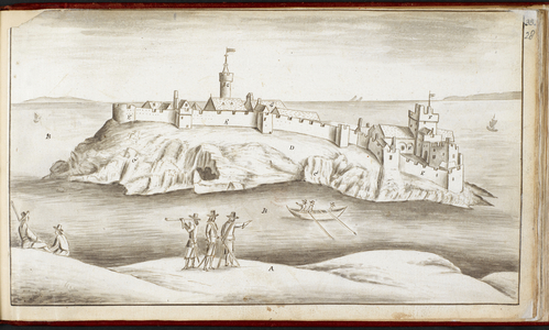 Peel Castle, from 'Sketches in sepia of towns and buildings in the Isle of Man' Add MS 27362, f.28r (pen & ink on paper)