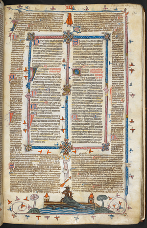 A bas-de-page scene of a devil pushing a nun off a bridge