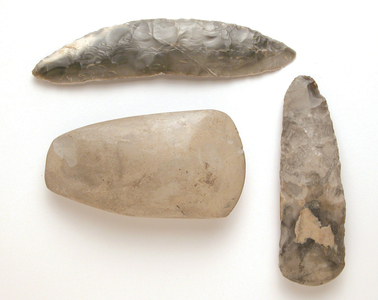 Neolithic 'tool kit': Polished stone axe, chopped flint axe and flint sickle from East Knoyle, c.3500 BC (stone)
