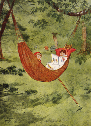 "We made believe that the hammock was a boat" (colour litho)