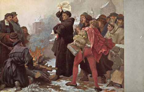 Martin Luther burning the papal bull threatening him with excommunication before the Elstertor at Wittenberg, Germany, 10 December 1520 (colour litho)