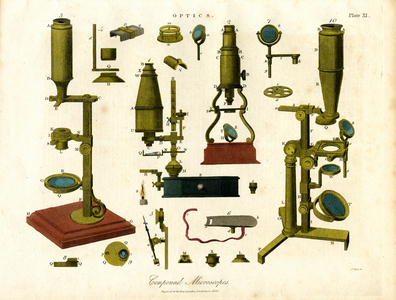 Compound Microscopes of the early 19th century, 1810 (print)
