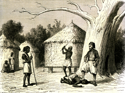 Flagellation of a slave in East Sudan in the mid-19th century, 1866 (drawing)