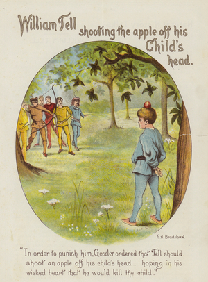 William Tell shooting the apple off his child's head (chromolitho)