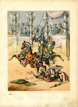 Medieval Knight Tournament with Magnificent Horses (hand-coloured litho)