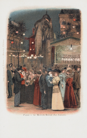 Crowds in the garden at the Moulin Rouge in Paris (colour litho)