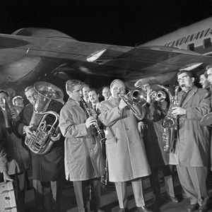 The Werner Mueller Orchestra arriving at Hamburg airport late in the evening, Germany 1950s
