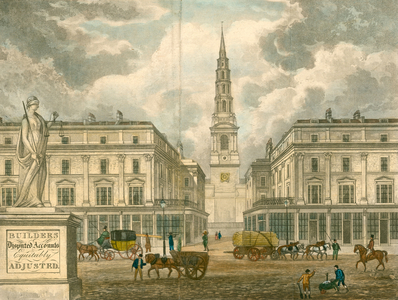 St Bride's Church, Fleet Street, London; from an advert for Z Skyring, surveyer, Primrose Street, Bishopsgate (coloured engraving)