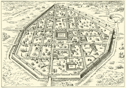 Roman British town, based on Calleva or Silchester (litho)