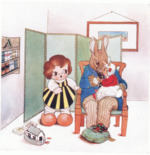 After tea, Mr Rabbit took Bunny on his knee , illustration from'The Peek-a Boos Among the Bunnies', c.1920 (colour litho)