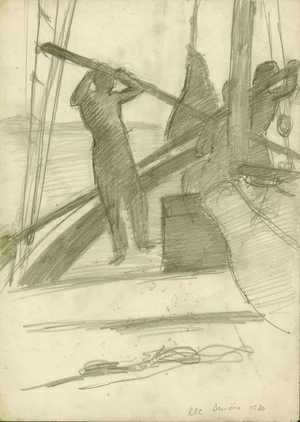 Sailors manning the sails of the Grace Harwar, Orinoco River, 1930 (pencil on paper)