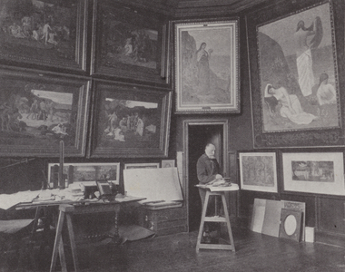 French painter Pierre Puvis de Chavannes in his studio (b/w photo)