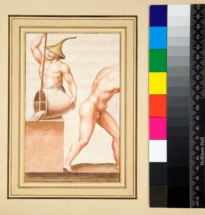 Copy of a mosaic of a Man with pointed cap pouring from vase. (black chalk, some with pen and brown ink. coloured with w/c)