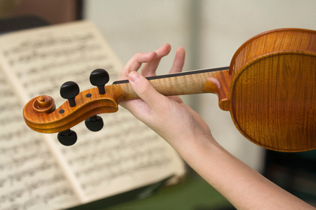 Left hand and arm of young woman playing a violin