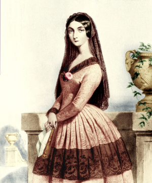 Lola Montes (or Montez). Lithograph by Alophe after a portrait by Dartiguenave. Irish adventurer and dancer (1818-1861) who seduced king Louis II of Bavaria and caused his abdication in 1848. Her affair with Liszt also caused the end of his relationship with Marie d' Agoult in 1844.Colourised.