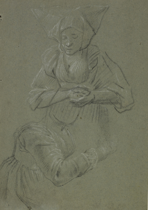 Two studies of a Woman, one in Prayer another in Profile, late 17th century (black & white chalk on blue paper)