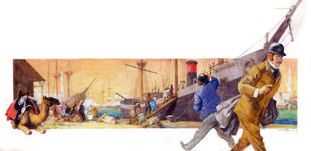 Departing on ship, Illustration from 'Around the World in 80 Days', by Jules Verne, 1969 (colour litho)