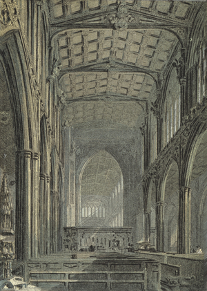 Manchester Cathedral, View from the West End of Nave (coloured engraving)