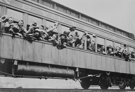 Soldiers of 5th Marine Infantry Regiment on Train enroute to Port of New York for Shipment to France during World War I, New York City, New York, USA, Bain News Service, June 1917 (b/w photo)