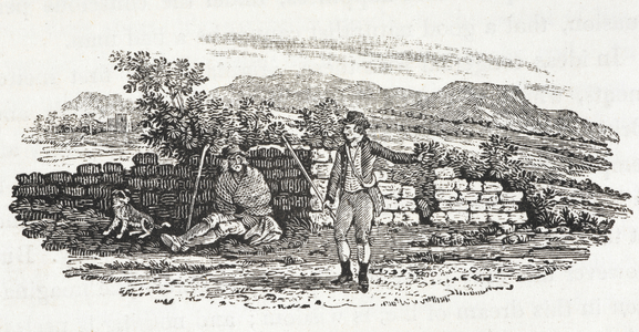Two shepherds, in a rural scene.