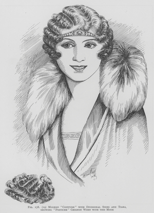 Modern coiffure with divisional sides and tiara, showing postiche chignon worn with this mode (litho)