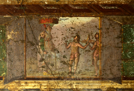Roman art : Alcove wih scene of a with sacrifice for Dionysus - Villa of the Mysteries, Pompeii, Italy I century B.C.