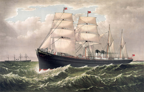 National Line's SS Egypt under sail and steam, flying Red Ensign. Launched at Liverpool, England, 1871, one of her routes was Liverpool/New York. Currier & Ives print c1879. Transport Shipping Merchant Transitional Liner 