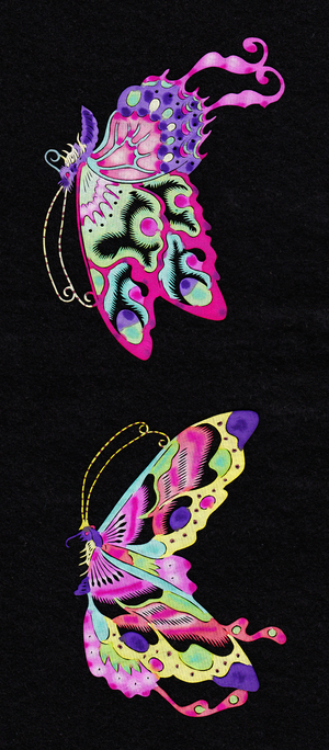 Chinese paper-cut of a two butterflies, c.1960 (hand-coloured and hand-cut)