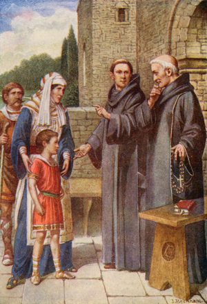 Bede taken to the monastery (colour litho)