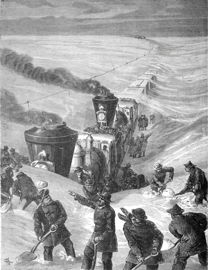 American Steam Train or Railroad Blocked by Snow Great Plains USA, 1879 (engraving)