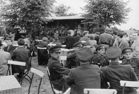 Celebrations marking the withdrawal of Russian troops from Magdeburg, 1956 (b/w photo)