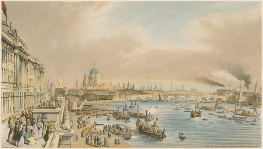 Somerset House, St Paul's Cathedral and Blackfriars's Bridge from Waterloo Bridge, c 1840 (colour litho)