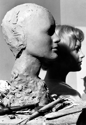 Actress Romy Schneider and Sculpture Portrait April 1959 (b/w photo)