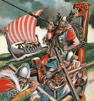 Leif Ericsson, the Viking Who Found America (colour litho)