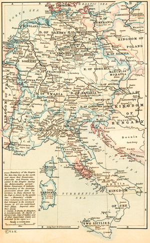 Map of The Holy Roman Empire under the Hohenstaufen, 1138 - 1254.  From Historical Atlas, published 1923.