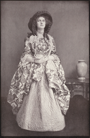 A calash and brocade dress, 1775-95 (b/w photo)