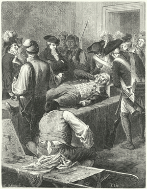 The wounded Maximilien Robespierre at the Committee of Public Safety awaiting his execution, 1794 (engraving)