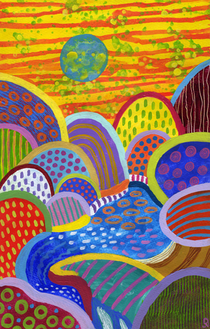 Floating World 18, 2023, (acrylic and oil pastel on paper)